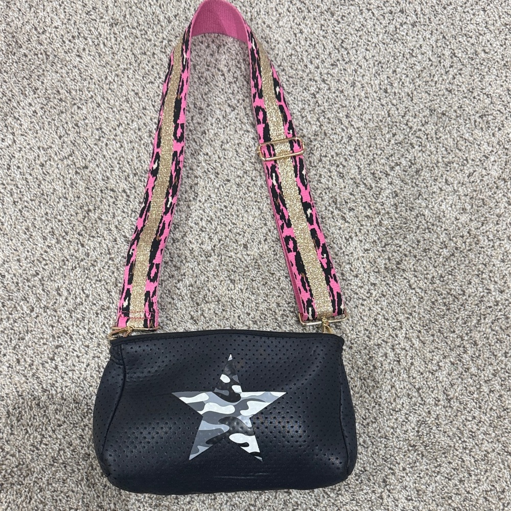 Black Crossbody Bag with Pink Adjustable Strap and Star Accent